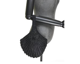 1920's Hand Beaded Deco Fan Wristlet Evening Tote - Black