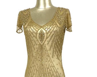 1920's Gatsby Flutter Sleeve Beaded Party Dress - The Starlet - Full-Length - Butterscotch Gold