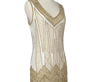 1920's Flapper Fringe Gatsby Party Dress - The Zenith - Creme Gold