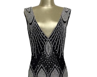 1920's Flapper Carwash Hem Beaded Party Dress - The Starlet - Ultra Low - Black Silver