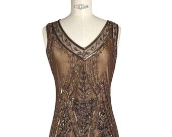 1920's Vintage Flapper Beaded Fringe Gatsby Gown - The Icon - Cocoa Shimmer
