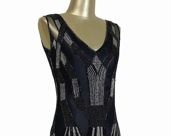 The Paris 1920's Handkerchief Scallop Panel Art Deco Gown - Black Silver