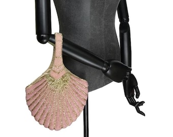 1920's Hand Beaded Deco Fan Wristlet Evening Tote - Pink and Gold