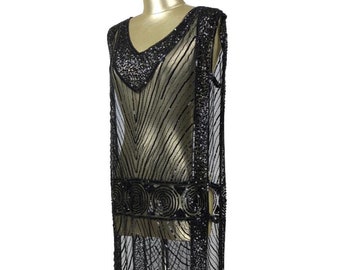 1920's Beaded Vintage Deco Tabard Panel Gown - The Modernist - Black