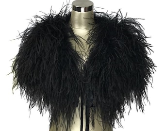 Ultra Ostrich Hollywood Glamour 1930s Vintage Style Harlow Wrap - Black