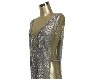 Cinema Collection - 1920's Art Deco Panel Draped Tabard Gown - The Blow-Up Dress - Silver