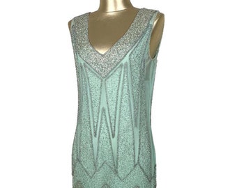 1920's Flapper Fringe Gatsby Party Dress - The Zenith - Silver on Turquoise