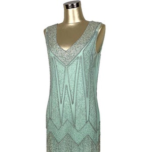 Vestido de fiesta estilo Gatsby con flecos estilo flapper de los años 20 - The Zenith - Plata sobre turquesa