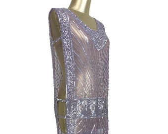 1920's Beaded Vintage Deco Tabard Panel Gown - The Modernist - Silver on Purple