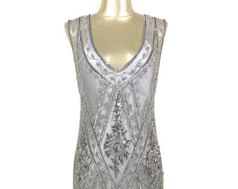 1920's Vintage Flapper Beaded Fringe Gatsby Gown - Cut Out Back - The Icon  - Light Silver
