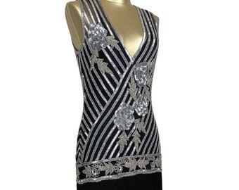 1920s Style Flapper Fringe Party Dress - The "Original" Artist - Black and Silver