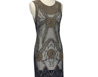 Vintage Gatsby 20s Beaded Mesh Fringe Party Dress - The Lindy - Black Amber