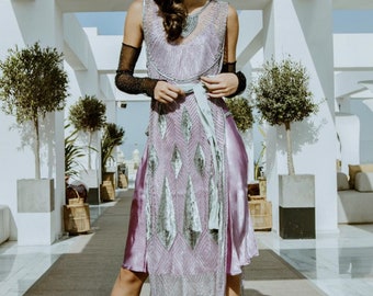 Beaded 1920s Tabard Gatsby Gown - The Bijou - Plum Silver