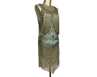 1920's Flapper Fringe Gatsby Party Dress - The Roxy - Turquoise and Gold