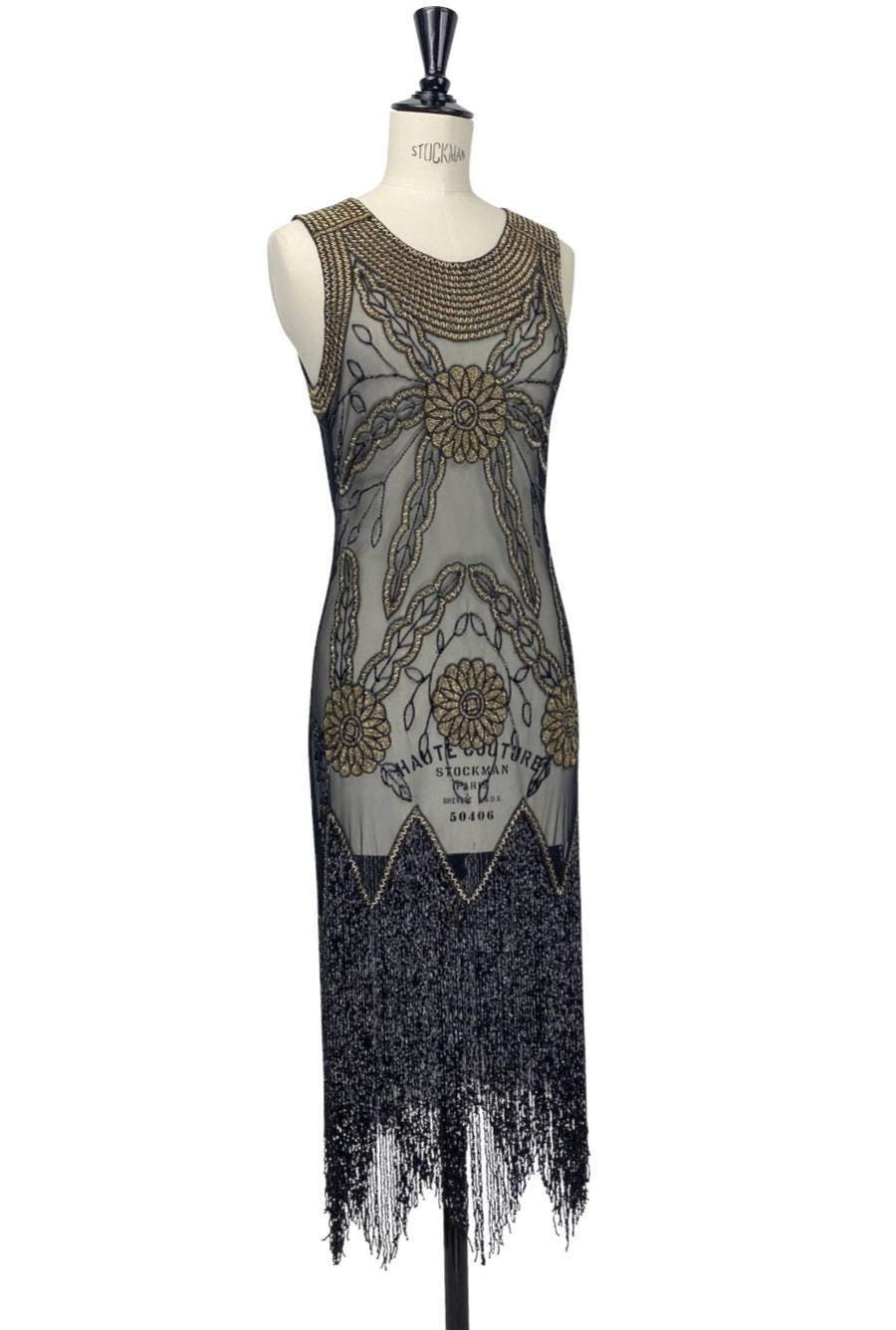 great gatsby dresses black and gold Zapaka Women Black Sequined Fringed Long 1920s Gatsby Dress with Accessories Set, Black / S