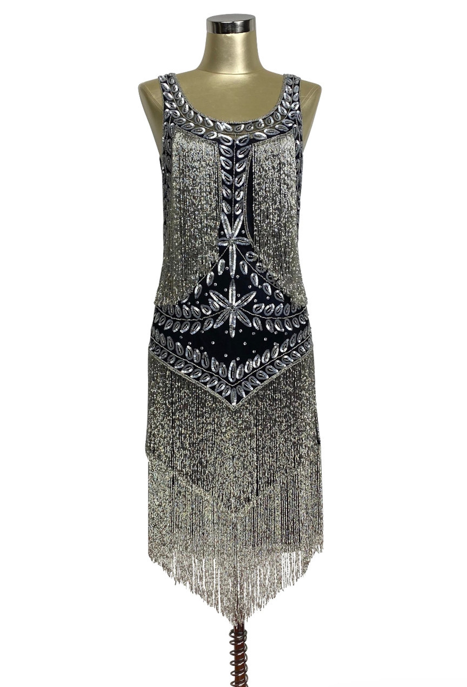 1920's Flapper Fringe Gatsby Party Dress - The Roxy - Black Silver