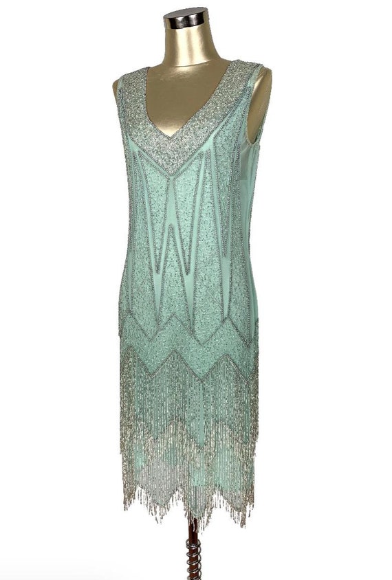 mint green flapper dress BABEYOND Floral Fringe Flapper Dress, 1920s Dresses, Dusty Green, 12 main image 1