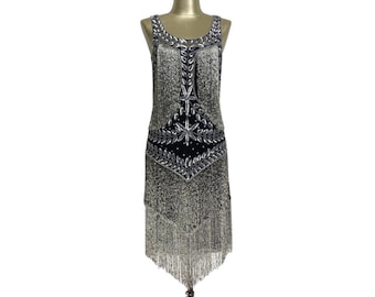 1920's Flapper Fringe Gatsby Party Dress - The Roxy - Black and Silver