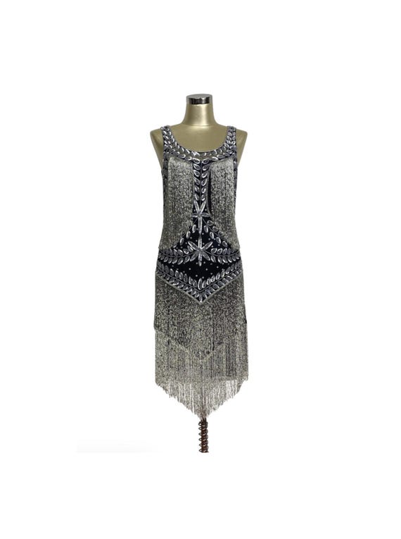 1920's Flapper Fringe Gatsby Party Dress - The Roxy - Black Silver XS 1920's Flapper Fringe Gatsby Party Dress - The Roxy - Black Silver XS
