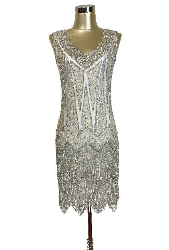 1920's Flapper Fringe Gatsby Party Dress - The Zenith - Silver on Lavender