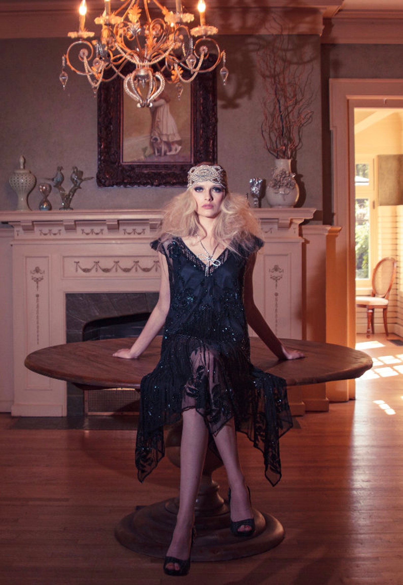 The 1920s Hollywood Regency Handkerchief Vintage Gown - Black Gold