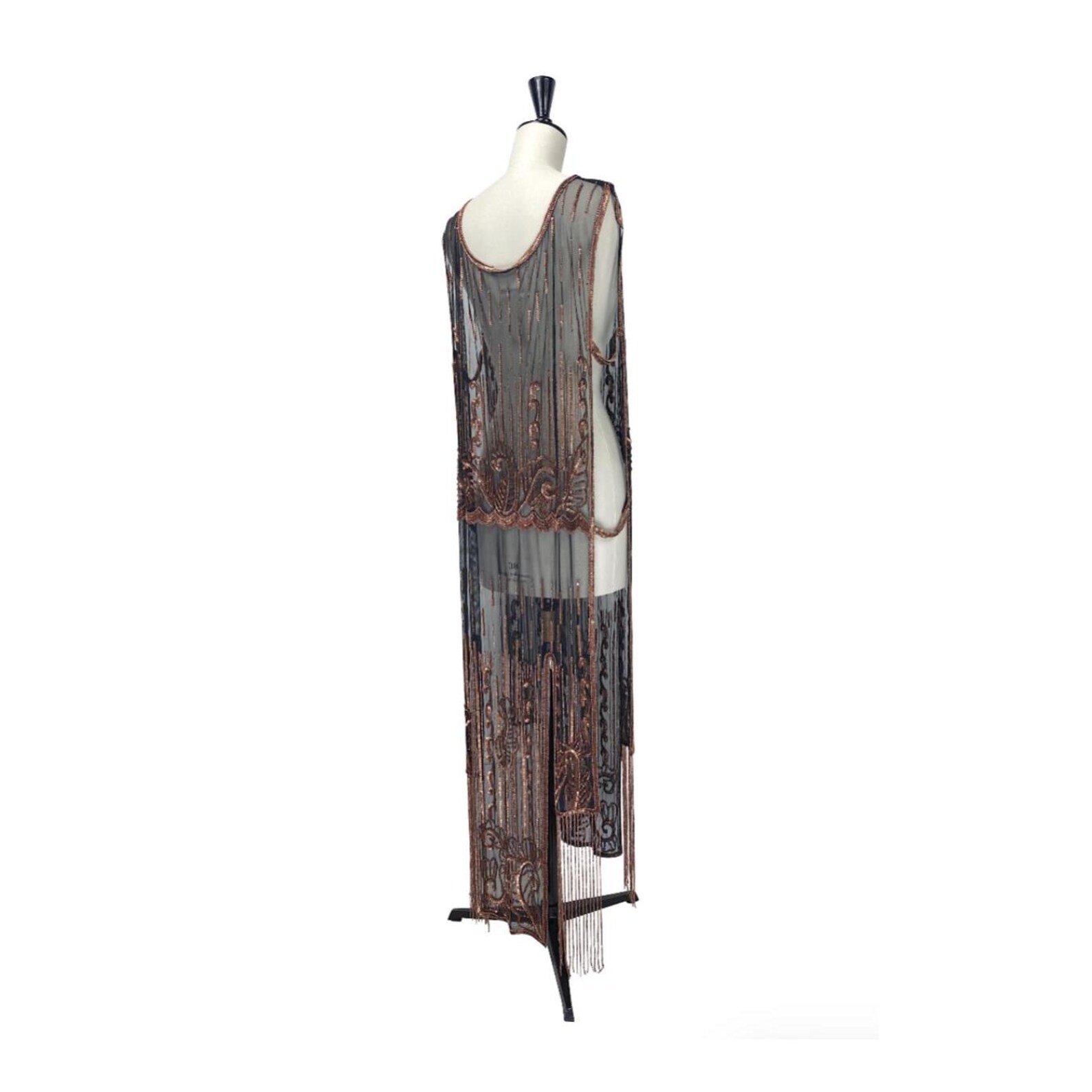 1920's Beaded Vintage Deco Tabard Fringe Panel Gown - The Epiphany - Phantom Silver