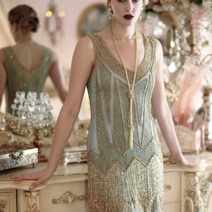 1920s Gatsby Flapper Fringe Party Dress - The Lulu - Gold on Black