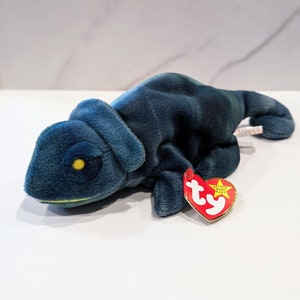 1998 Rainbow the Chameleon TY Beanie Baby Blue No Tongue, Collectible Blue Chameleon Lizard Plush