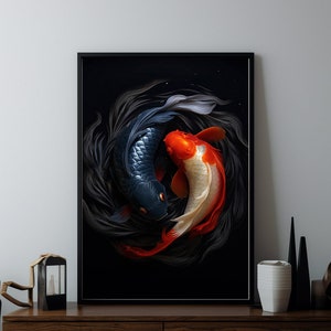 May include: A framed print of two koi fish swimming in a circle against a black background. The fish are a dark blue and a red and white colour.