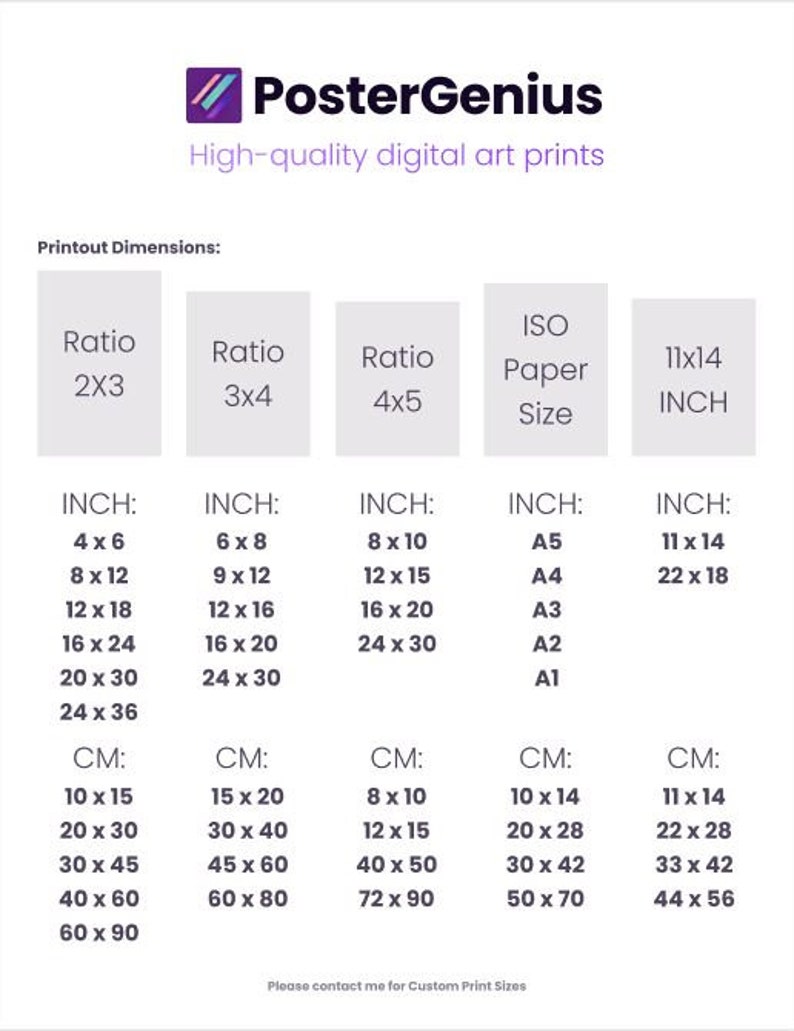 May include: A chart showing different print sizes for digital art prints. The chart includes inch and centimetre measurements for various aspect ratios, including 2x3, 3x4, and 4x5. It also includes standard ISO paper sizes, such as A5, A4, A3, A2, and A1. The chart also includes popular print sizes, such as 11x14 inches.