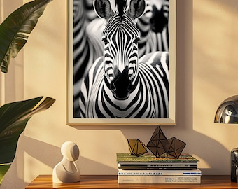 Black & White Zebra Print, Large Photorealistic Wall Art, African Zebra Digital Wall Art, Zebra Living Room Decor, Zebra Wall Art