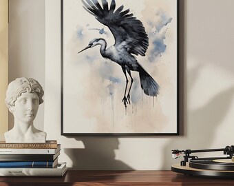 Japanese Inspired Crane Print, Digital Crane Print, Black and White Ink Painting, Large Crane Wall Art, Exotic Bird Living Room Wall Art