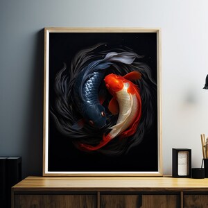 May include: Two koi fish, one black and one orange and white, swim in a circle against a dark background.