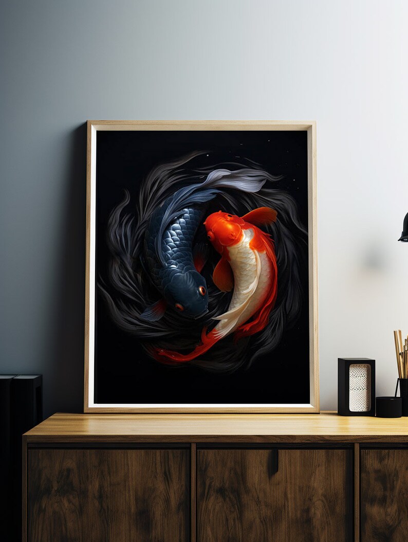 May include: Two koi fish, one black and one orange and white, swim in a circle against a dark background.