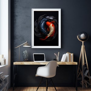 May include: A framed print of two koi fish swimming in a circle against a black background. The fish are a black and white koi and a red and white koi.