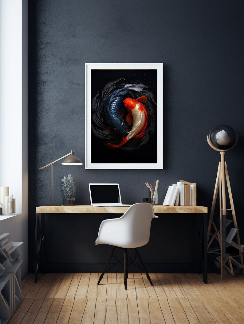 May include: A framed print of two koi fish swimming in a circle against a black background. The fish are a black and white koi and a red and white koi.