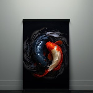 May include: A black and orange koi fish swimming in a circle against a dark background. The fish are stylized and have a yin yang feel.