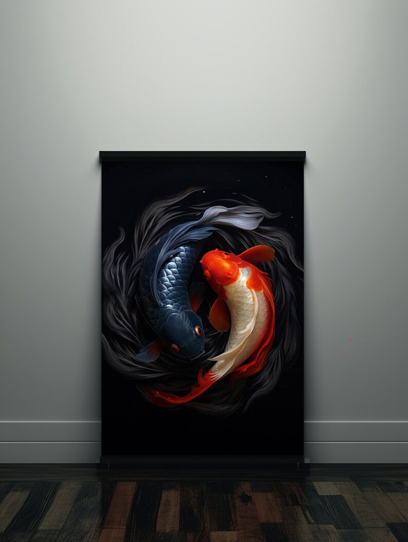 May include: A black and orange koi fish swimming in a circle against a dark background. The fish are stylized and have a yin yang feel.