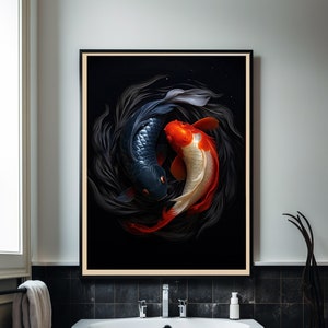 May include: A framed print depicting two koi fish swimming in a yin yang formation. The fish are black and white with red accents. The background is black with a swirling pattern.