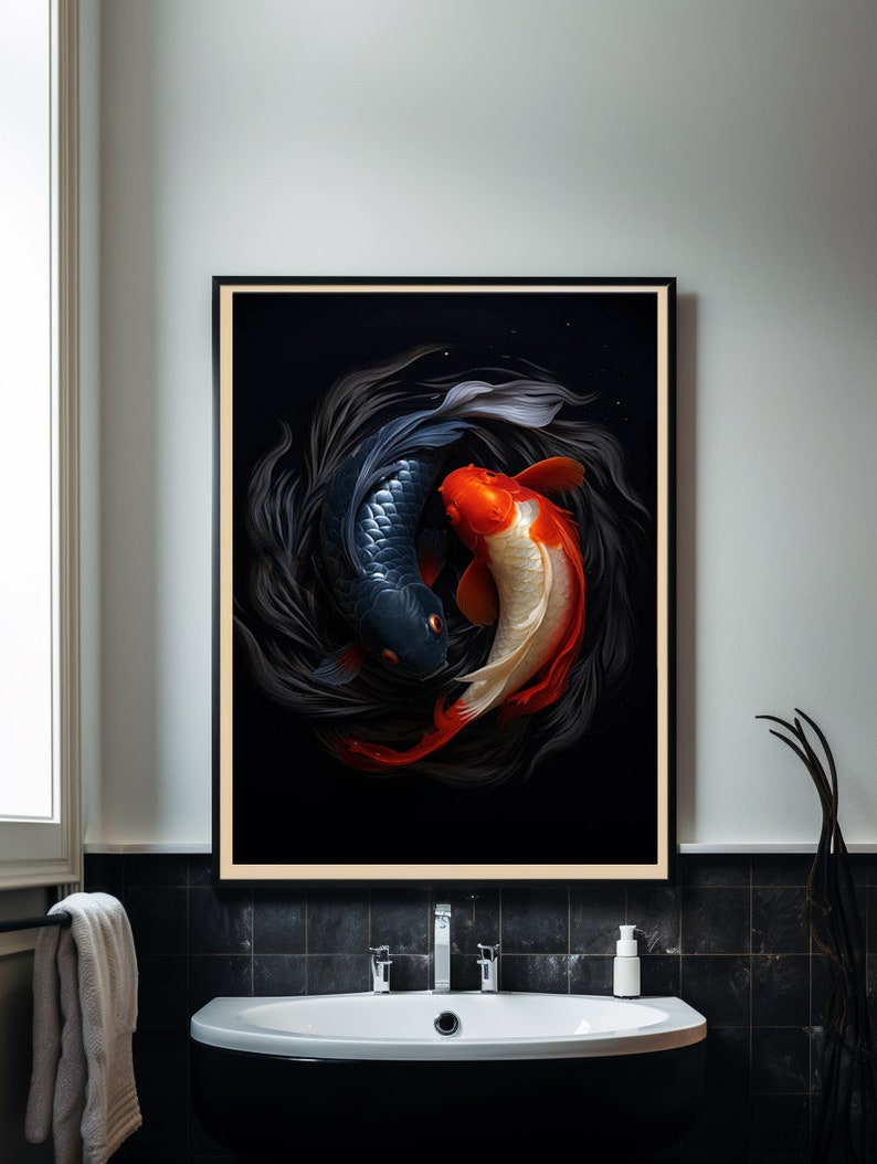 May include: A framed print depicting two koi fish swimming in a yin yang formation. The fish are black and white with red accents. The background is black with a swirling pattern.