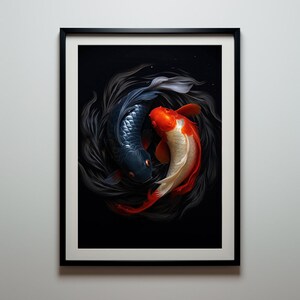 May include: A framed print of two koi fish swimming in a circle against a black background. The fish are a black and blue koi and a white and orange koi.