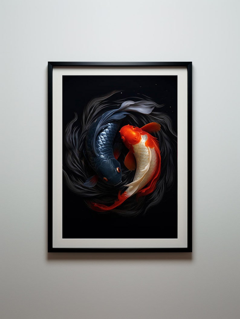 May include: A framed print of two koi fish swimming in a circle against a black background. The fish are a black and blue koi and a white and orange koi.
