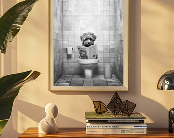 Perro en el cartel del baño, arte divertido de la pared del baño, impresión digital del perro en el baño, arte divertido de la pared del baño, impresión divertida del baño, impresión digital