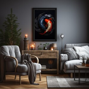 May include: A living room interior with a dark grey wall, a wooden console table, two armchairs, a sofa, a potted plant, and a framed print of two koi fish swimming in a yin yang formation.