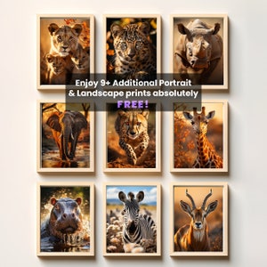 African Safari Set of 9 Digital Prints, African Animal Wall Art, Photorealistic Art Prints, DIGITAL DOWNLOAD, Unique Wildlife Posters