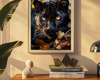 Schwarzer Panther Druck, Große fotorealistische Wandkunst, Schwarze Panther Digitale Wandkunst, Panther Wildtiere Wohnkultur, Digitales Wohnzimmer Dekor