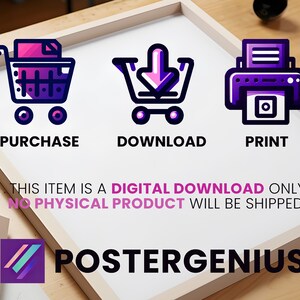 May include: A white background with a purple shopping cart icon, a purple download icon, and a purple printer icon. The text "PURCHASE", "DOWNLOAD", and "PRINT" are below each icon. The text "THIS ITEM IS A DIGITAL DOWNLOAD ONLY NO PHYSICAL PRODUCT WILL BE SHIPPED!" is below the icons. The text "POSTERGENIUS" is at the bottom of the image.