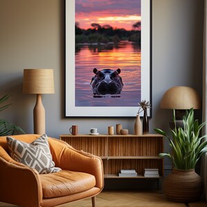 Sonnenuntergang Nilpferd Druck, Tier Wandkunst, Nilpferd Wandkunst, Nilpferd Druck, Wildtier Wanddekoration, DIGITALER DOWNLOAD, DRUCKBARE Kunst, große Wandkunst