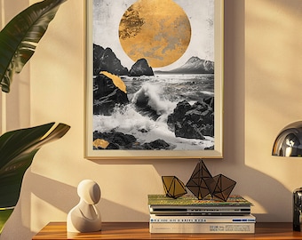 Wabi Sabi Yellow Moon Print, Digital Wabi Sabi Wall Art, Japanese Inspired Wall Decor, Wabi Sabi Home Decor, Gifts for her, Japandi Decor
