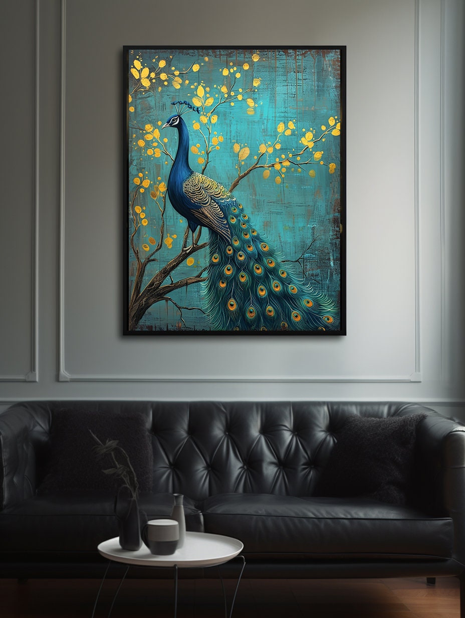 Blue Vintage Peacock Print, Digital Peacock Wall Art, Large Vintage Wall Art, Trendy Peacock Wall Art, Antique Art Deco, Peacock Home Decor